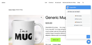 SupportBot chat widget on a WooCommerce storefront