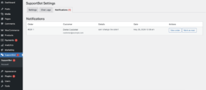 SupportBot customer note flow in the chat window